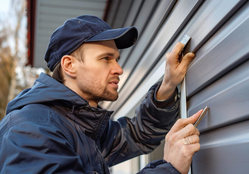 Professional technician inspecting a grey horizontal garage door panel for damage or alignment issues.