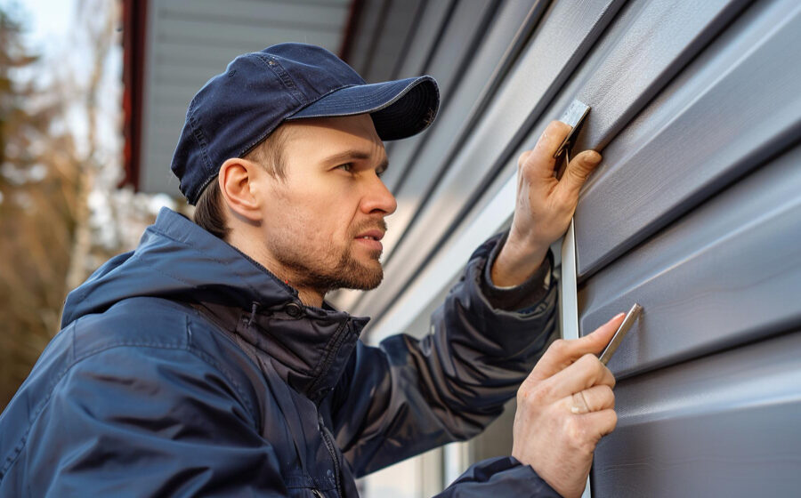 Professional technician inspecting a grey horizontal garage door panel for damage or alignment issues.
