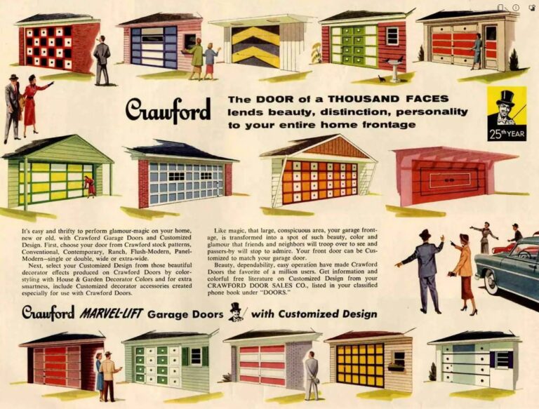 Vintage Crawford garage door advertisement from the early days of the industry