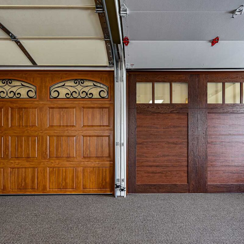 Custom wood garage doors installed in a residential garage in the Inland empire