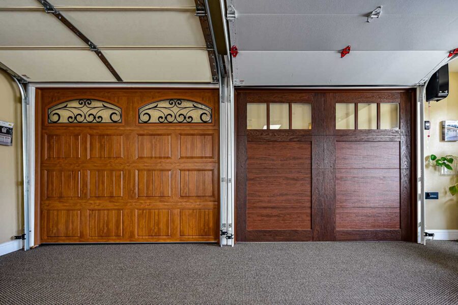 Custom wood garage doors installed in a residential garage in the Inland empire