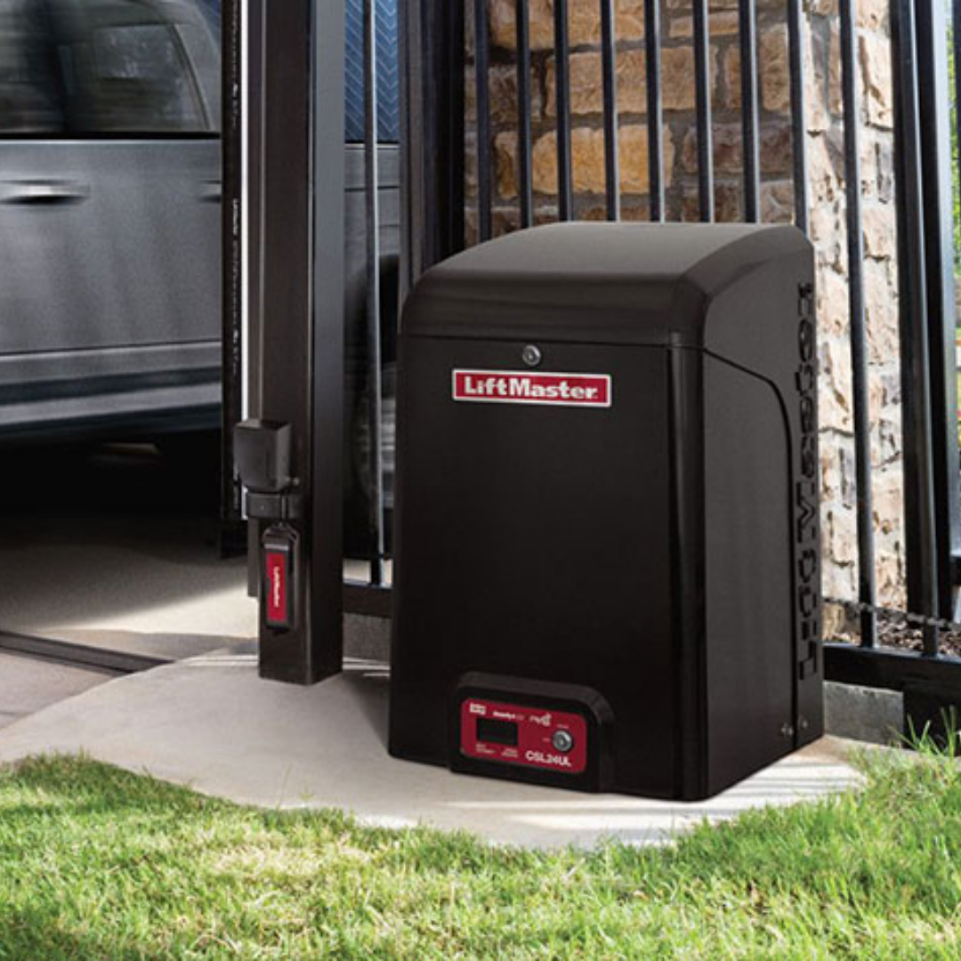 LiftMaster automatic gate opener installed beside a sliding driveway gate at a home in Redlands, CA.