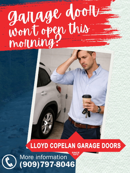 Frustrated man with coffee looking at a garage door that won't open due to a broken spring.