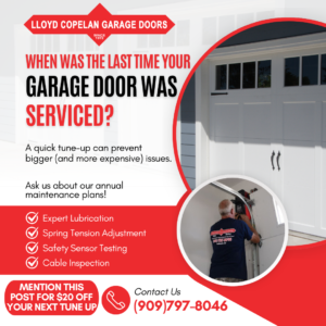 Social Media Post Week 1 - Lloyd Copelan Garage Doors Garage door maintenance checklist featuring expert lubrication, spring tension adjustment, and safety sensor testing by Lloyd Copelan Garage Doors.