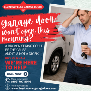 Social Media Post Week 2 - Lloyd Copelan Garage Doors Man holding coffee and keys looks frustrated and upset to be stuck in garage. His garage door won't open. Lloyd Copelan Garage Doors can help you!