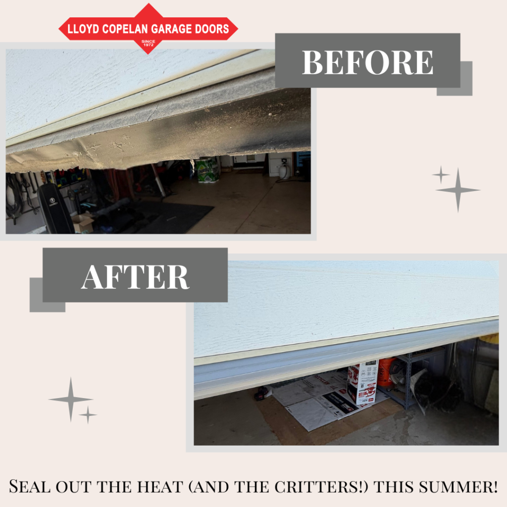 garage-door-bottom-seal-replacement-highland-ca - Lloyd Copelan Garage Doors Before and after of a garage door bottom seal replacement in Highland, CA, showing a cracked vinyl seal replaced with a thick, flexible black EPDM rubber astragal.