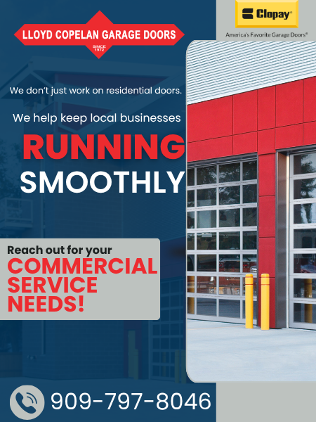 Heavy-duty Clopay commercial overhead doors and rolling steel doors for warehouses and industrial buildings. Lloyd Copelan Garage Doors offering commercial garage door repair since 1972.