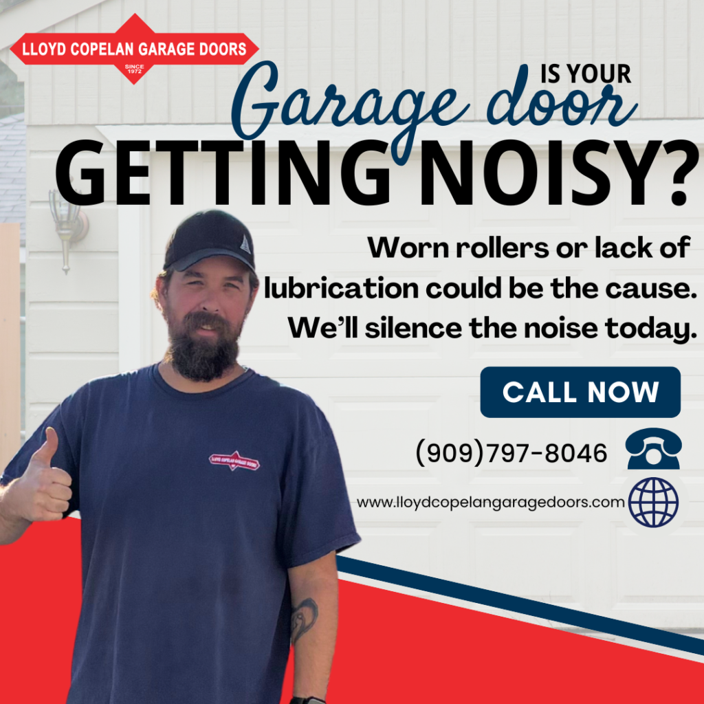 A professional technician giving a thumbs up in front of a white residential garage door, featuring text about fixing a noisy garage door with worn rollers or a lack of lubrication.