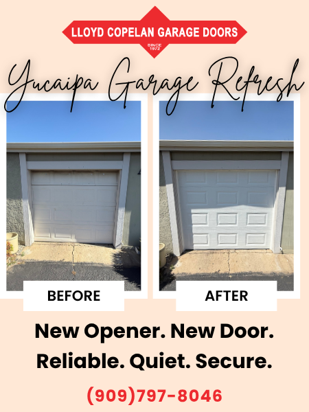 Before and after of New Clopay garage door and LiftMaster 2420L opener installed by Lloyd Copelan in Yucaipa, CA.