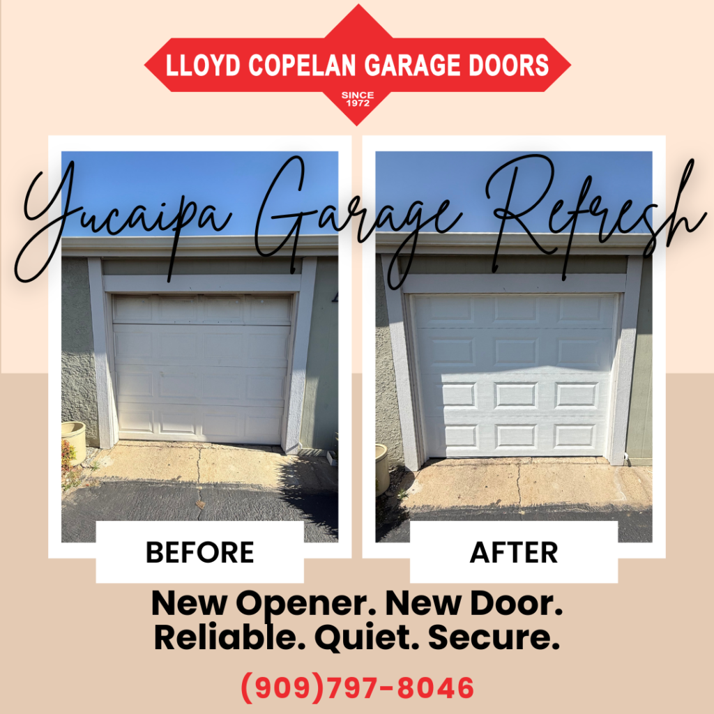 Before and after of New Clopay garage door and LiftMaster 2420L opener installed by Lloyd Copelan in Yucaipa, CA.