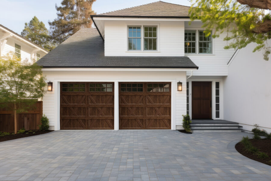 Clopay Bridgeport Inlay garage door in a warm Ultra-Grain Walnut finish featuring the Design X cross-buck pattern.