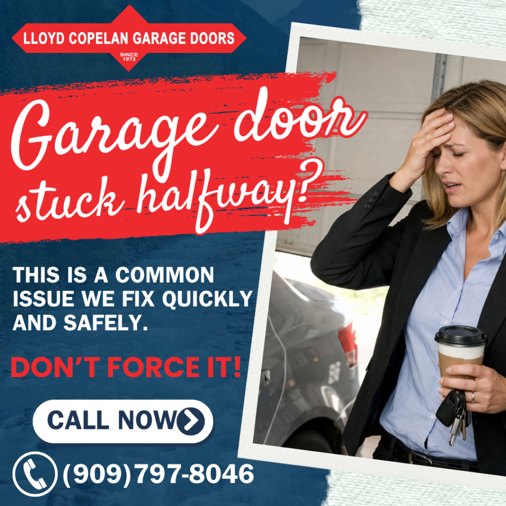 garage-door-stuck-halfway-repair - Lloyd Copelan Garage Doors A stressed woman looking at her car next to a garage door stuck halfway open, featuring the Lloyd Copelan Garage Doors logo and phone number.