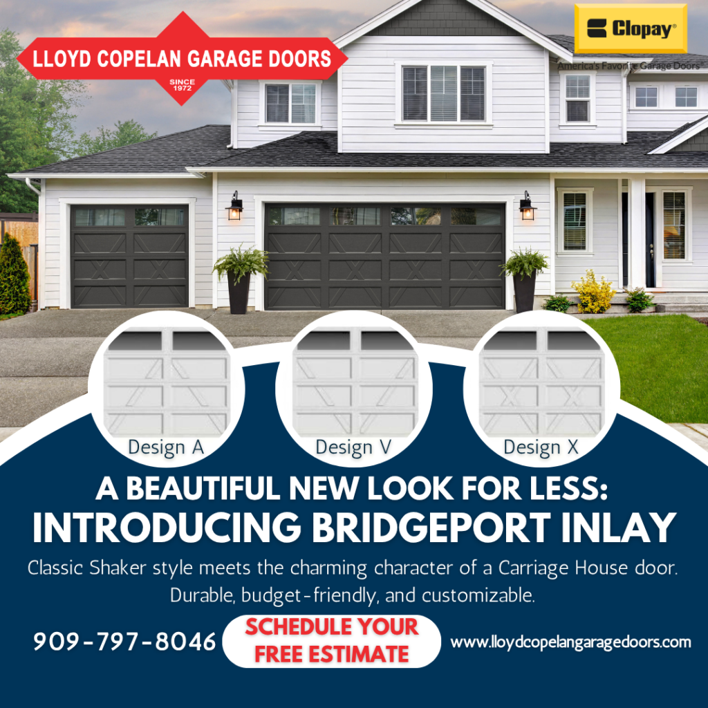 Three Clopay Bridgeport Inlay garage door styles showing the best curb appeal home improvement ideas by Lloyd Copelan Garage Doors.