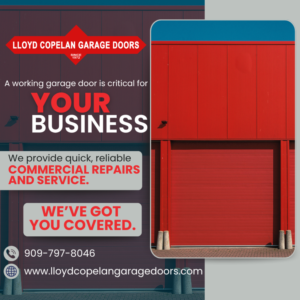 Red commercial roll-up steel door showing emergency repair and maintenance services for businesses.
