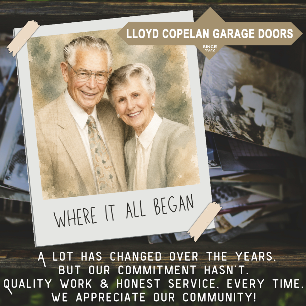 Vintage black and white photo of founders Lloyd Copelan and his wife, framed like a classic Polaroid memory.