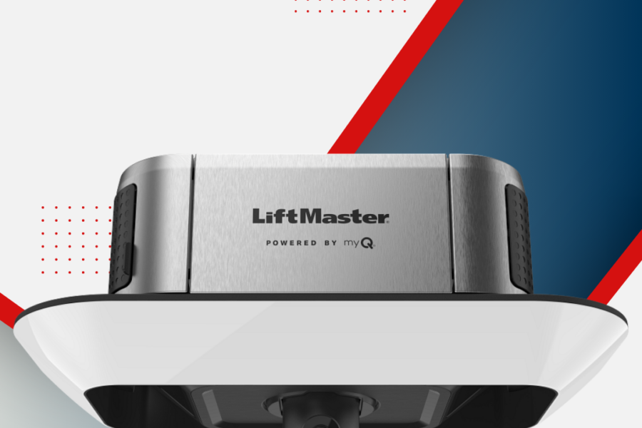 Text-free close-up shot of a LiftMaster 6690L premium belt drive garage door opener unit isolated on a branded red and gray graphic background.