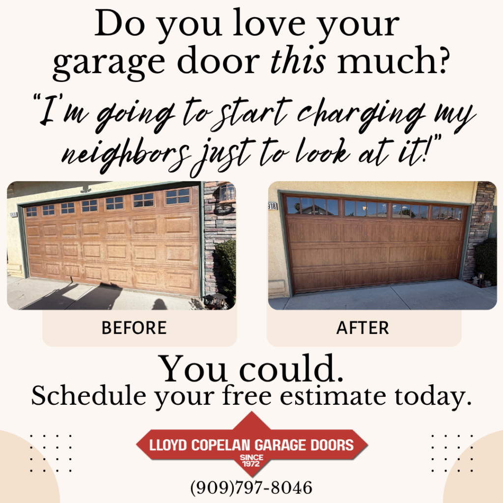 Before and after comparison of a home garage door replacement in Yucaipa, CA, featuring a Clopay door installation by Lloyd Copelan Garage Doors. Make your dream garage door a reality!