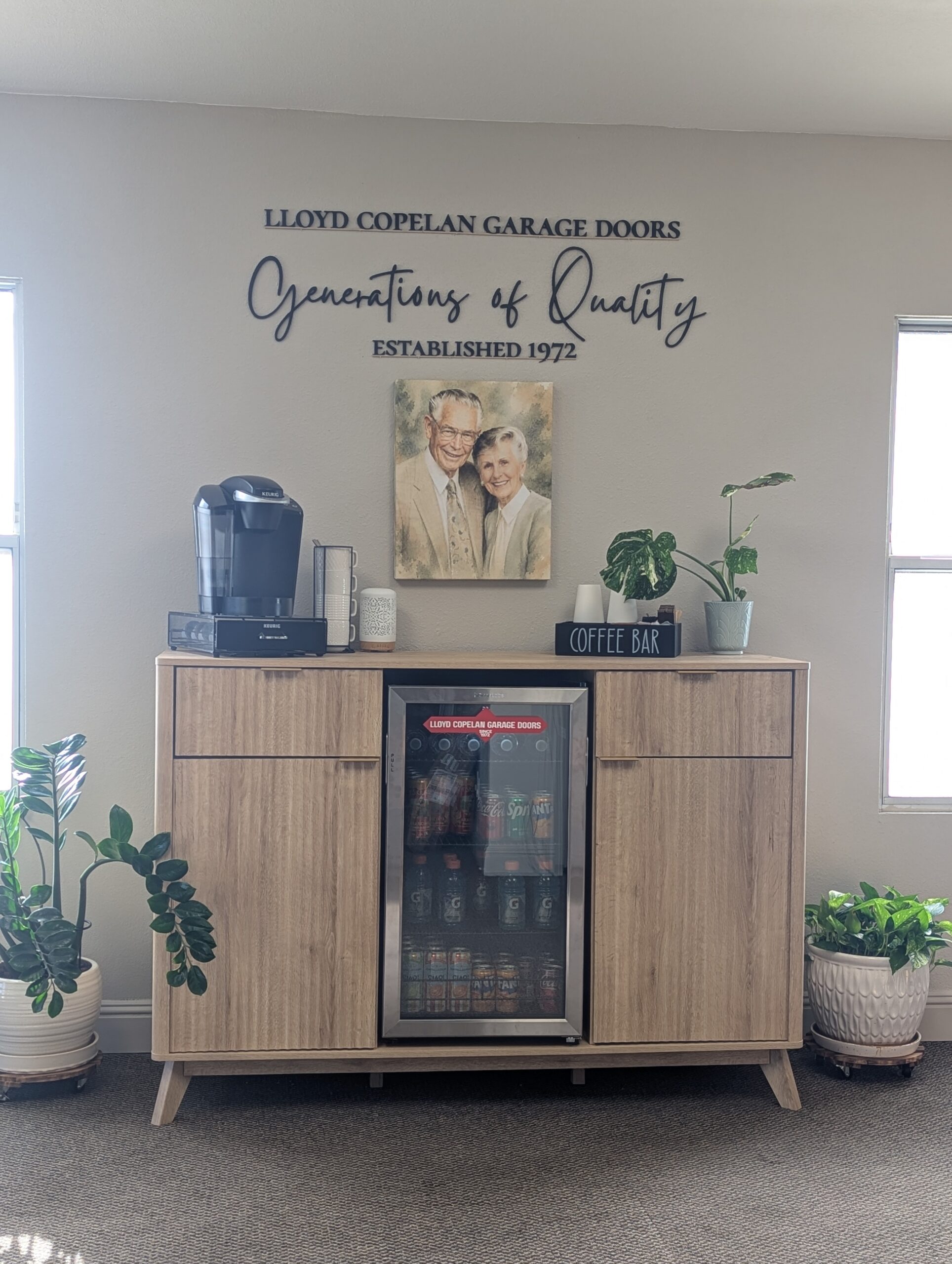 Coffee bar and Generations of Quality display inside the showroom