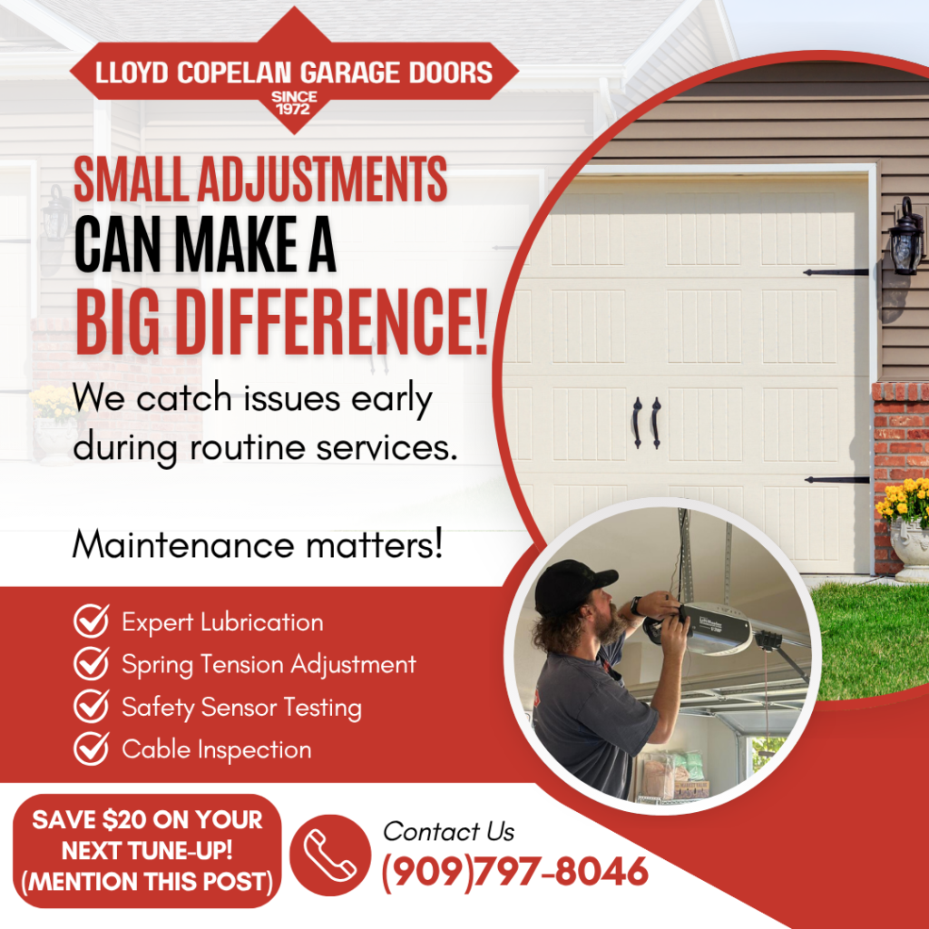 Promotional graphic for Lloyd Copelan Garage Doors featuring a garage door tune-up offer with  off, highlighting expert lubrication, spring tension adjustment, safety sensor testing, and cable inspection.