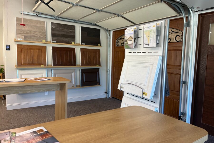 Garage door panel samples and displays inside the Lloyd Copelan Redlands design center