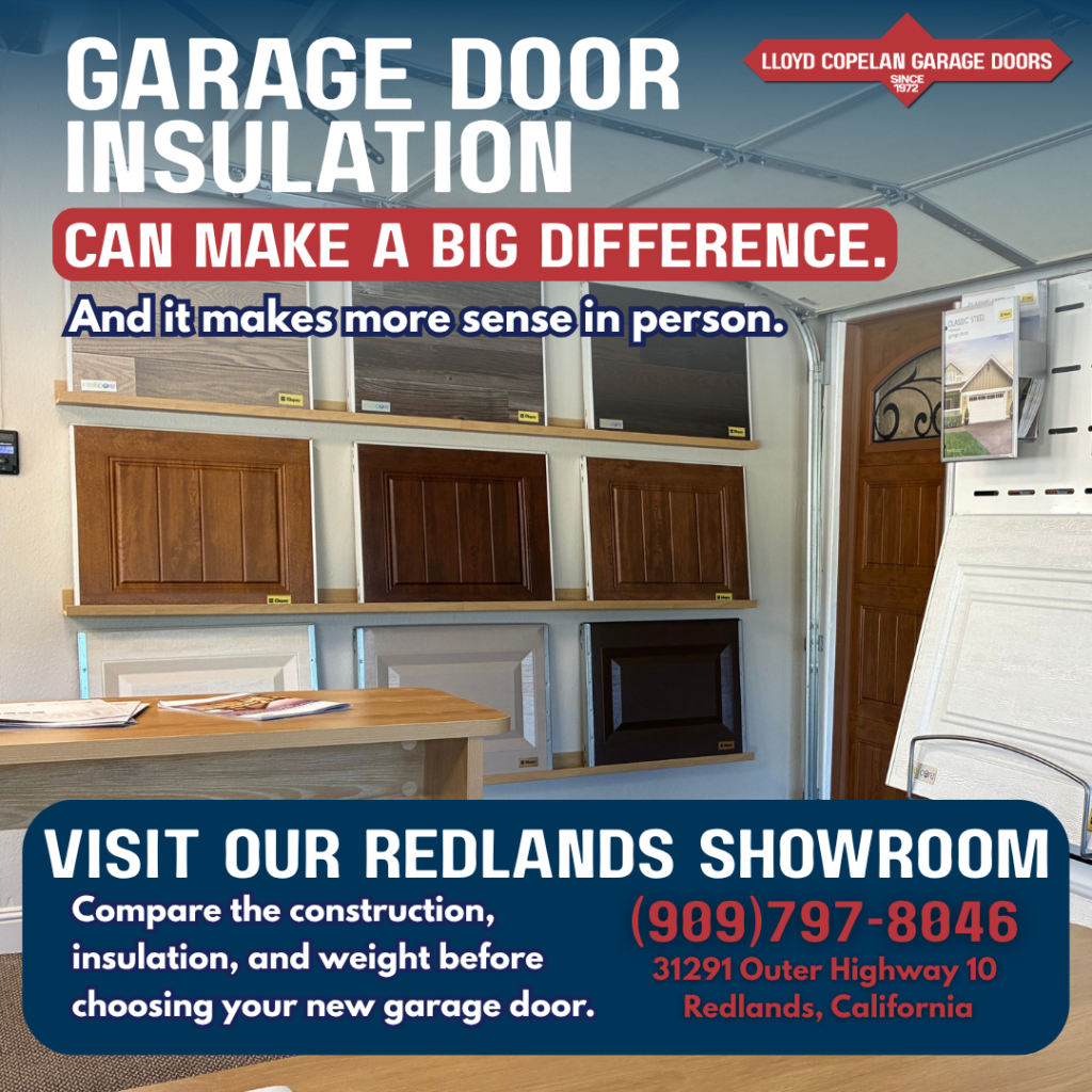 Garage door construction and insulation samples displayed inside the Lloyd Copelan Garage Doors showroom in Redlands.