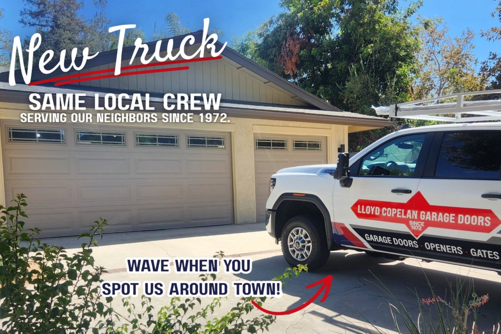 New Lloyd Copelan Garage Doors Service Truck in Redlands - Lloyd Copelan Garage Doors Lloyd Copelan Garage Doors new service truck parked at a garage door installation in Redlands, California