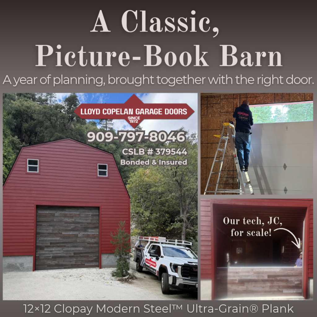 Barn Door Social Media Graphic - Lloyd Copelan Garage Doors Social media graphic showing a 12×12 Clopay Modern Steel Ultra-Grain Plank door in a red barn, with installation photos and an arrow pointing to technician JC for scale.