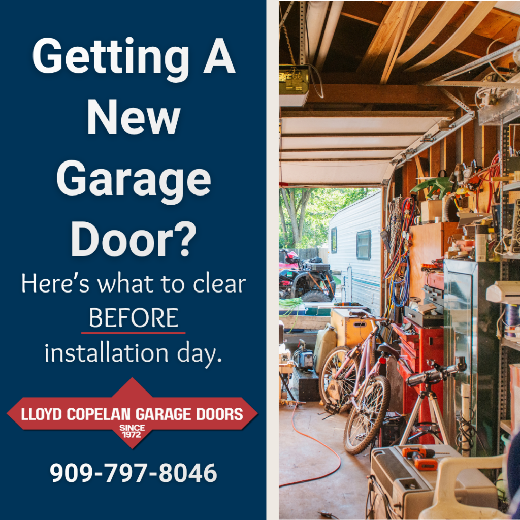 Garage door installation preparation graphic showing a garage with stored tools and bicycles beside the message “Getting a new garage door? Here’s what to clear before installation day.”
