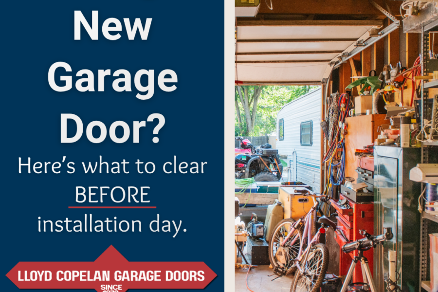 Garage door installation preparation graphic showing a garage with stored tools and bicycles beside the message “Getting a new garage door? Here’s what to clear before installation day.”